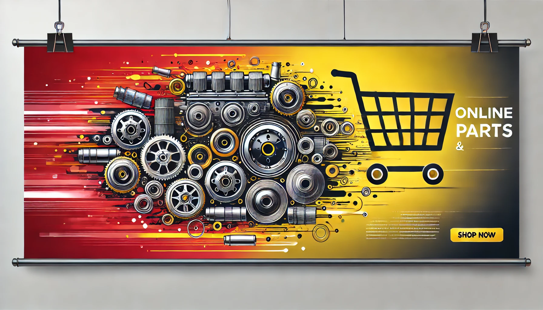 DALL·E 2024-12-21 17.30.15 - A professional advertising banner for online car parts and accessories, with a yellow and red theme. The design is minimalist, featuring abstract illu